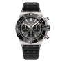 The Breitling Super Chronomat B01 44 is a stainless steel chronograph watch with a black bezel, black textured strap, three subdials, and tachymeter function for precise timekeeping.