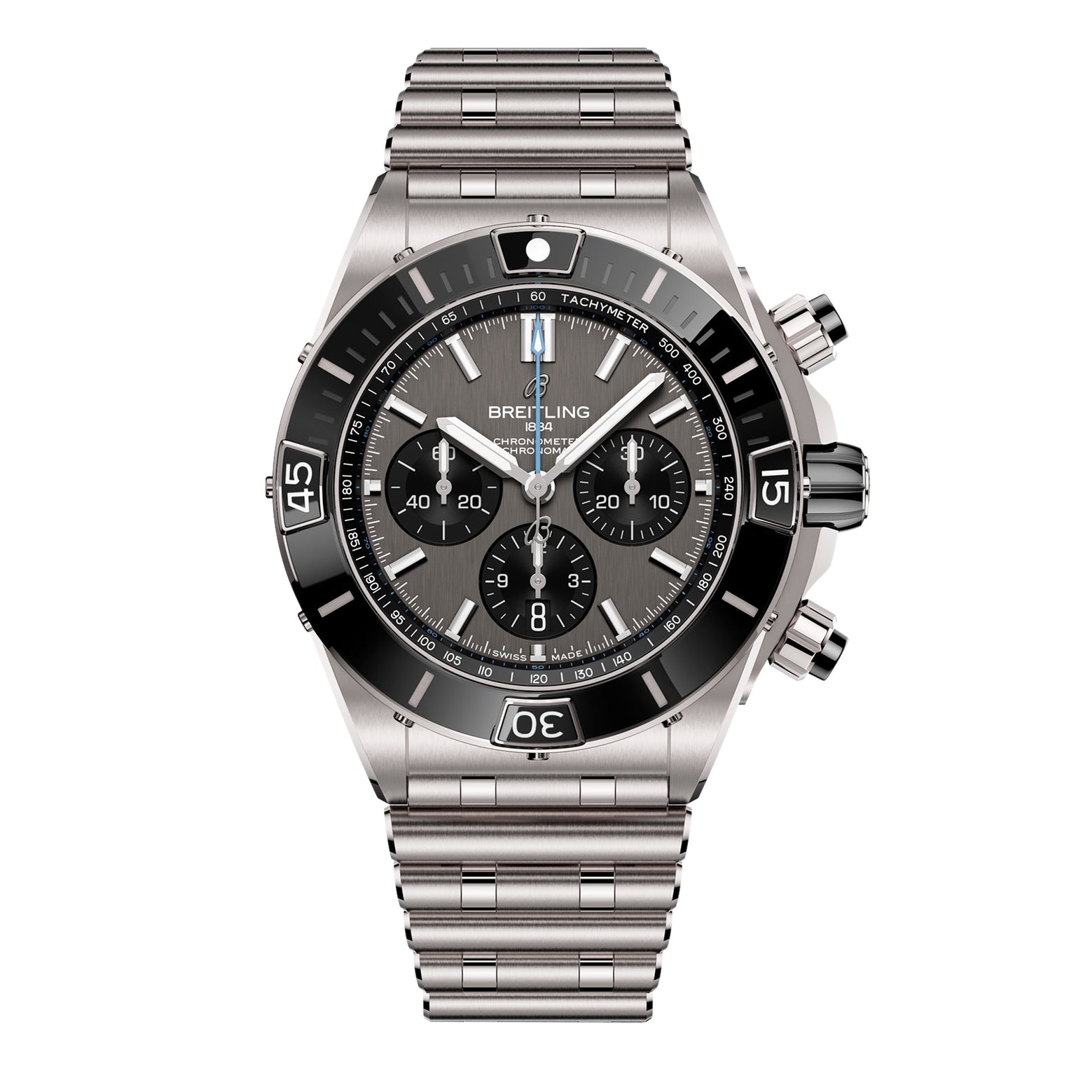 The Breitling Super Chronomat B01 44 is a stainless steel chronograph watch with a black bezel, three subdials, tachymeter markings, and a metal bracelet, powered by the precise Breitling 01 calibre and shown against a white background.