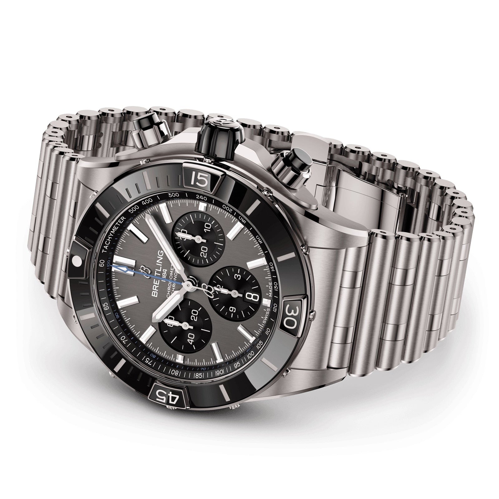 The Breitling Super Chronomat B01 44 watch features a stainless steel case, black dial with three subdials, metal link bracelet, and is powered by the precise Breitling 01 calibre for outstanding performance.