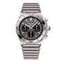 The Breitling Chronomat B01 42 is a stainless steel chronograph featuring a silver bracelet, black dial with three subdials, tachymeter bezel, and the precise Breitling 01 calibre.