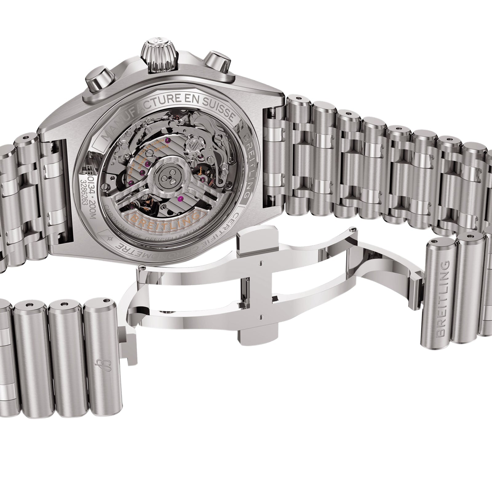 Close-up of a Breitling Chronomat B01 42 watch showing its open metal clasp and the automatic movement visible through the transparent case back.