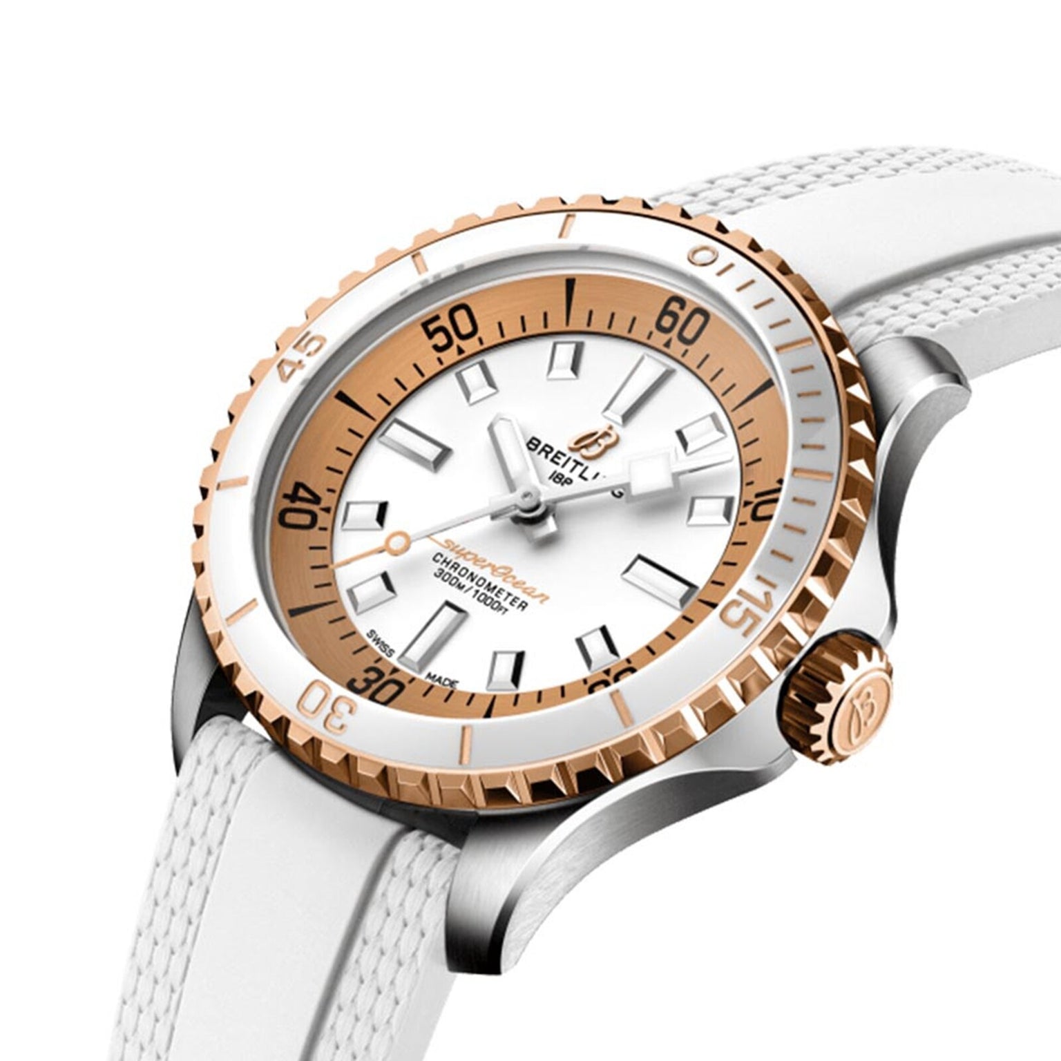 The Breitling Superocean Automatic 36 is a luxury dive watch with a white strap and dial, gold bezel, silver case, and gold/white indices and hands. It offers precision timekeeping with its automatic movement.