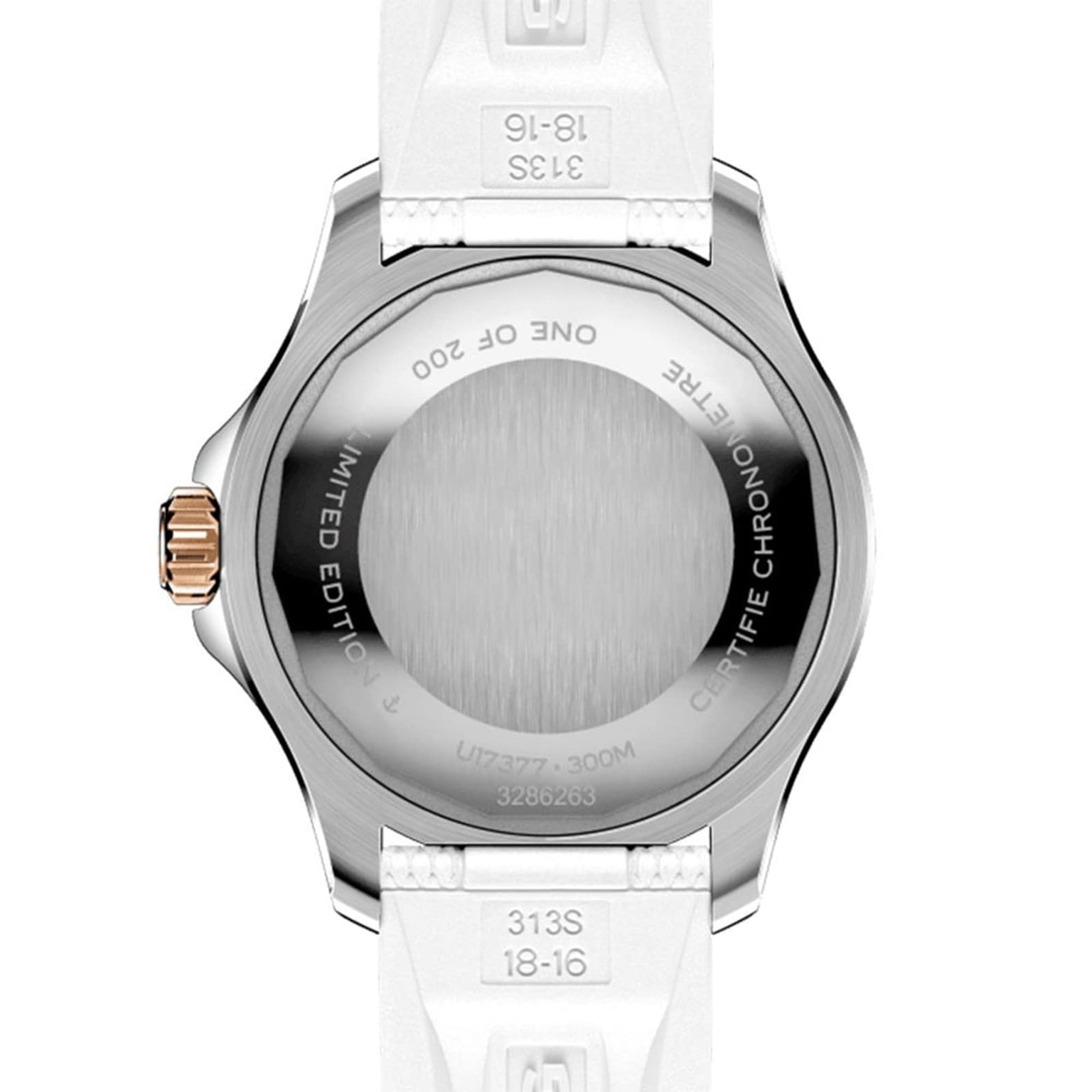Back view of the Breitling Superocean Automatic 36 dive watch, featuring a white strap, stainless steel case, and engraved details for automatic movement, limited edition status, water resistance, and serial numbers.