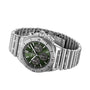 The Breitling Chronomat B01 42 The Watches Of Switzerland Group Centenary Exclusive is a limited edition stainless steel chronograph with a green dial, three subdials, and a metal link bracelet, shown on a white background.