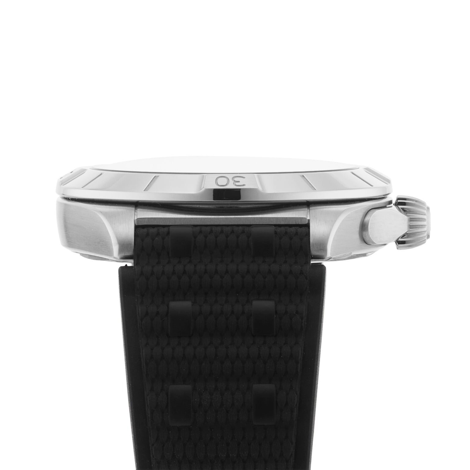 Side view of the Breitling Chronomat Automatic GMT 40 wristwatch, featuring a black textured strap and a stainless steel case.