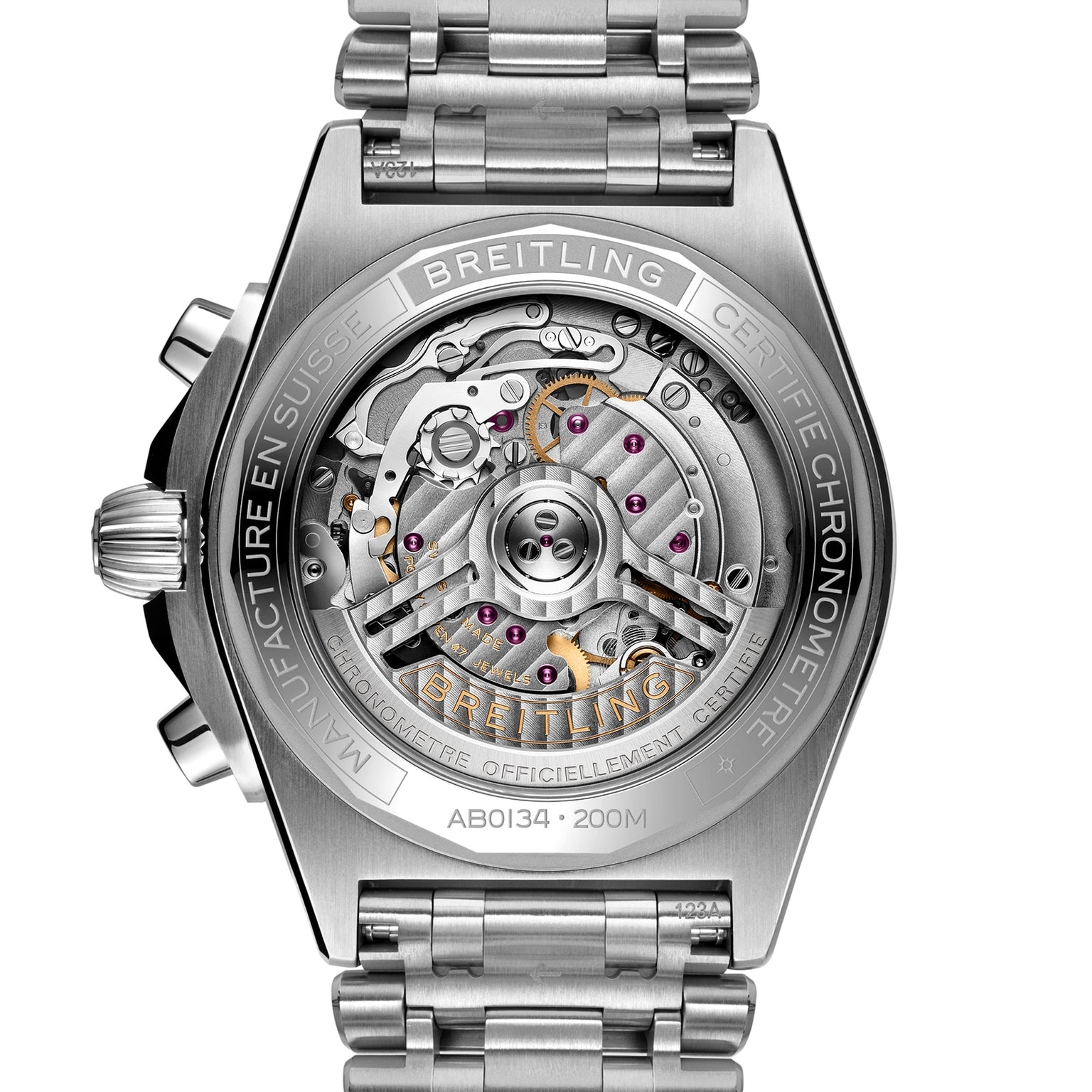 Close-up of the back of the Breitling Chronomat B01 42, showcasing its transparent case that reveals the Breitling 01 calibre mechanical movement and internal components, finished with a signature Rouleaux bracelet.