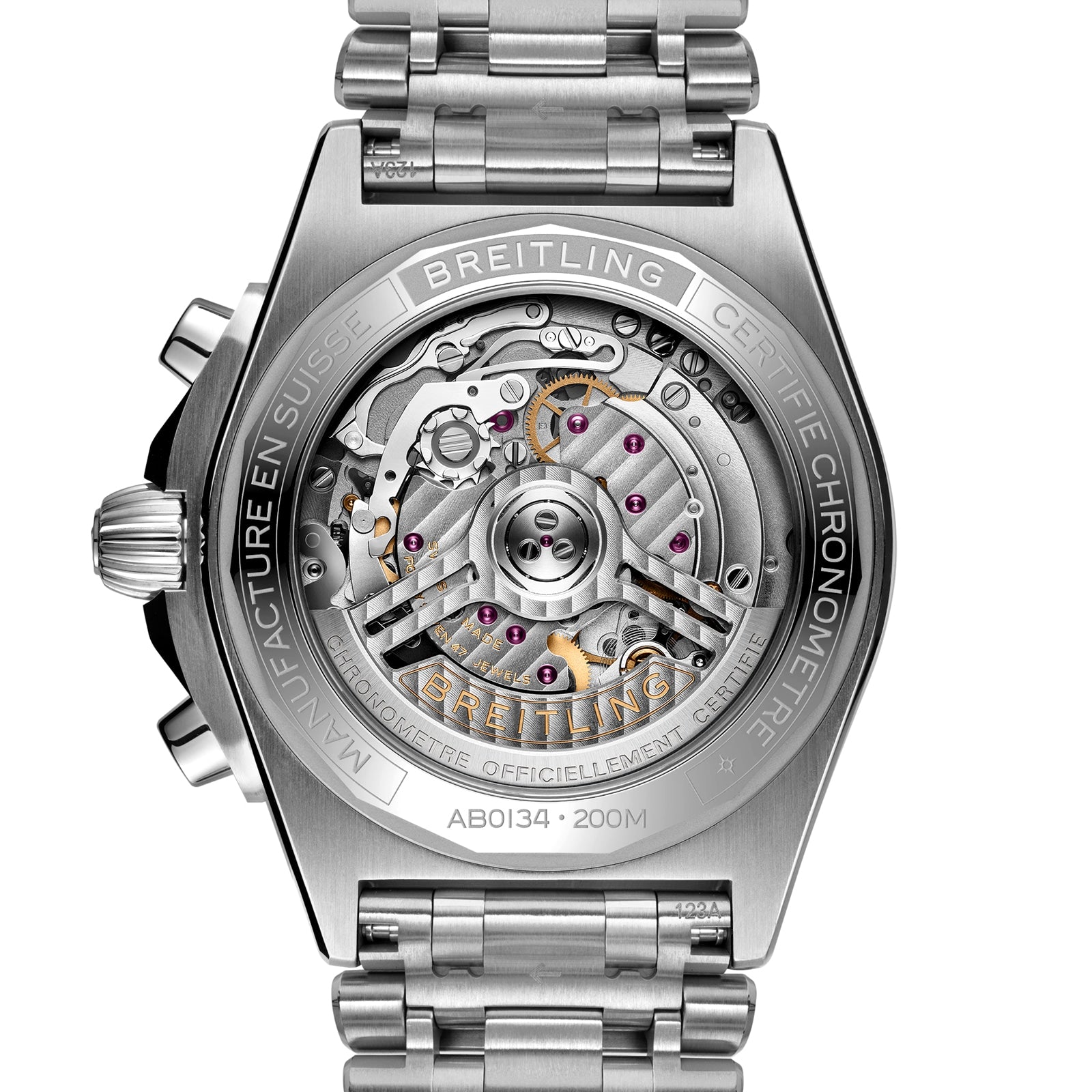 Close-up of the back of the Breitling Chronomat B01 42, showcasing its transparent case that reveals the Breitling 01 calibre mechanical movement and internal components, finished with a signature Rouleaux bracelet.