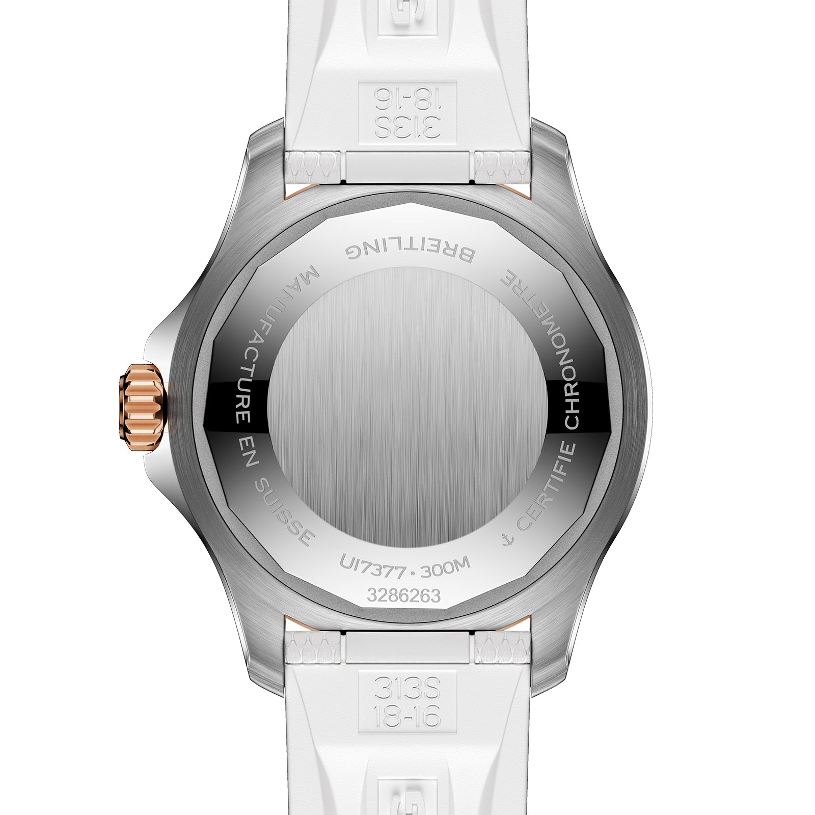 Back view of the Breitling Superocean Automatic 36, featuring a brushed stainless steel caseback with engraved specifications and serial numbers, completed by white straps.