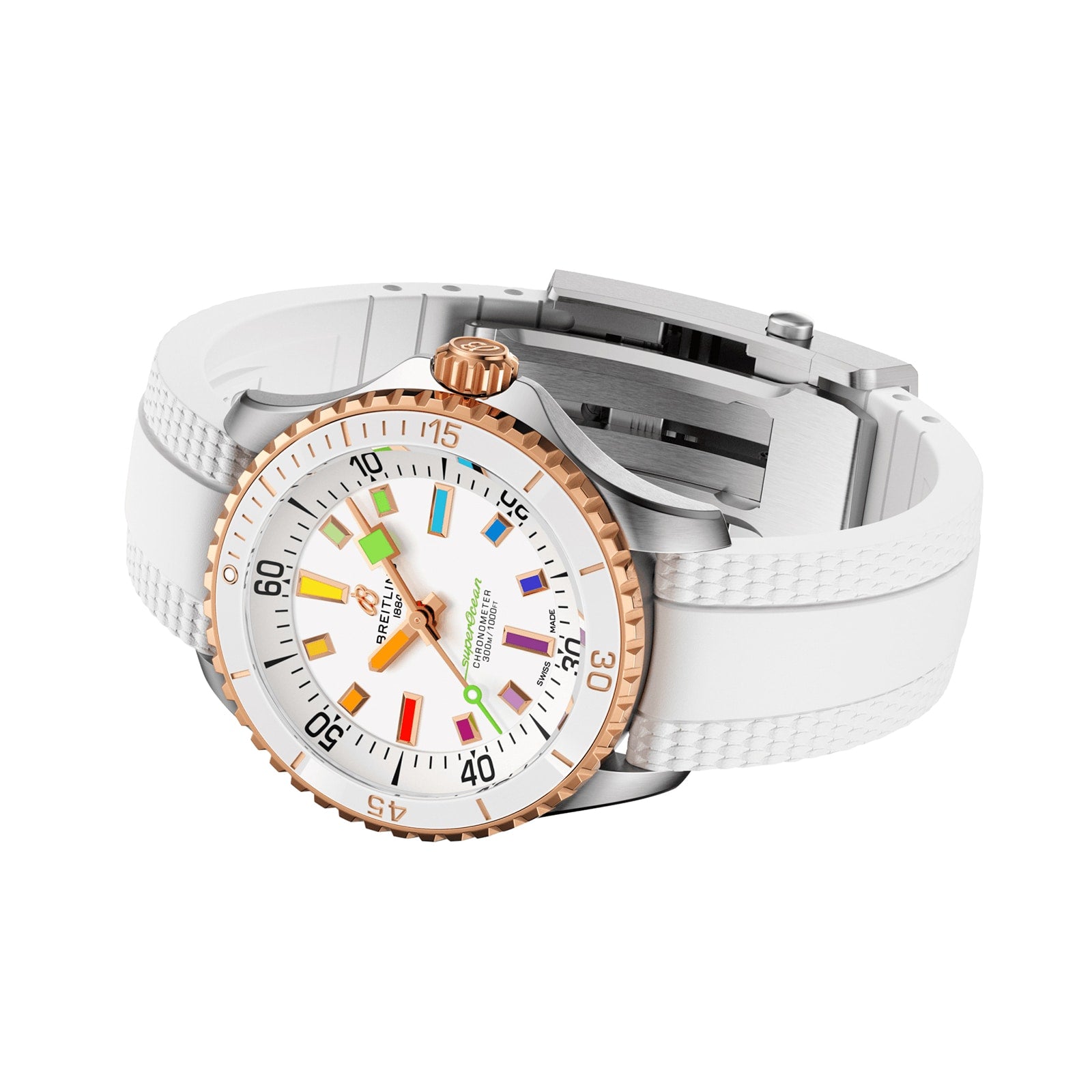 The Breitling Superocean Automatic 36 is a white 36mm stainless steel dive watch with a rose gold bezel, colorful hour markers, and a textured white band, displayed on a plain white surface.