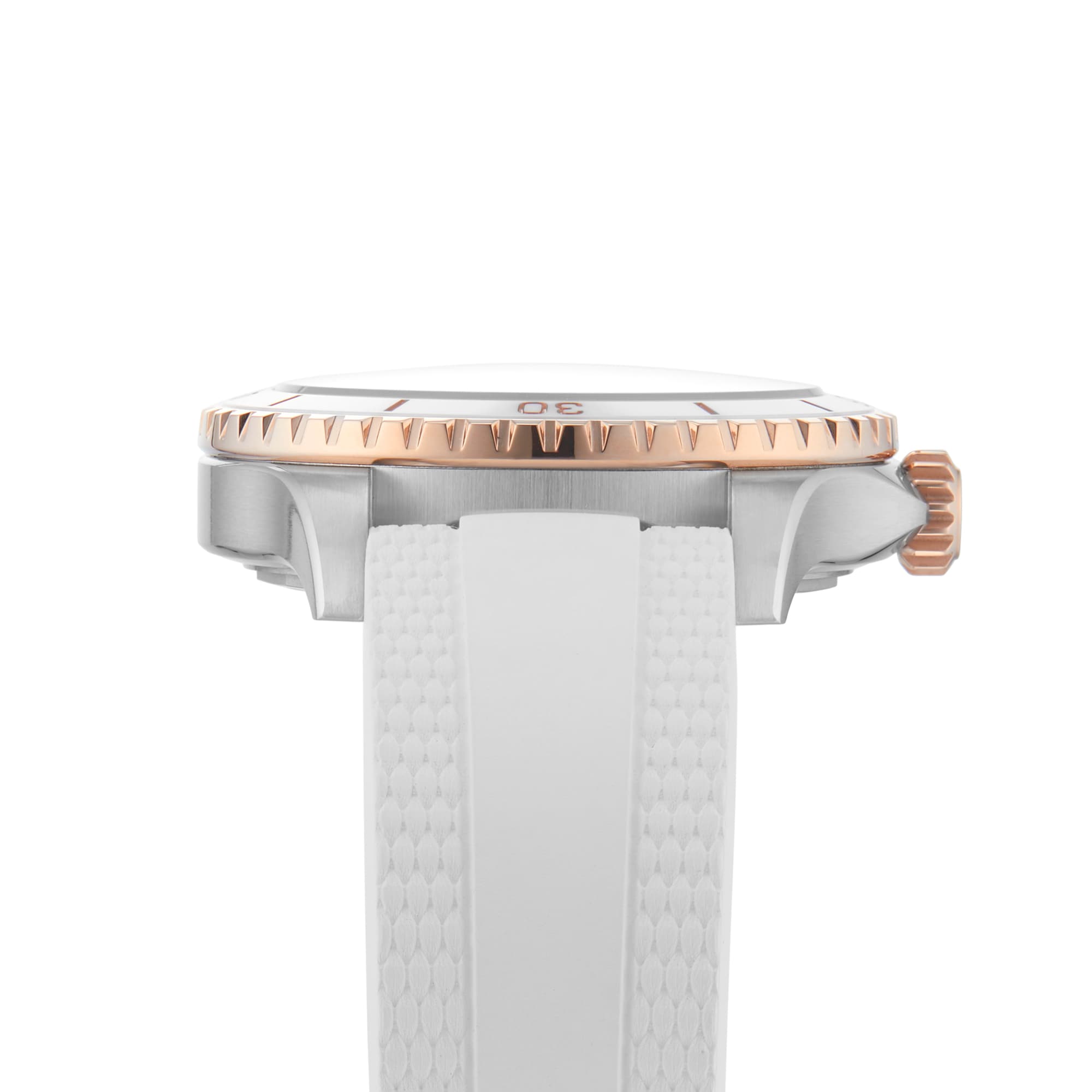 Side view of the Breitling Superocean Automatic 36, a stainless steel dive watch with a white textured strap and rose gold fluted bezel, inspired by the iconic Superocean design.