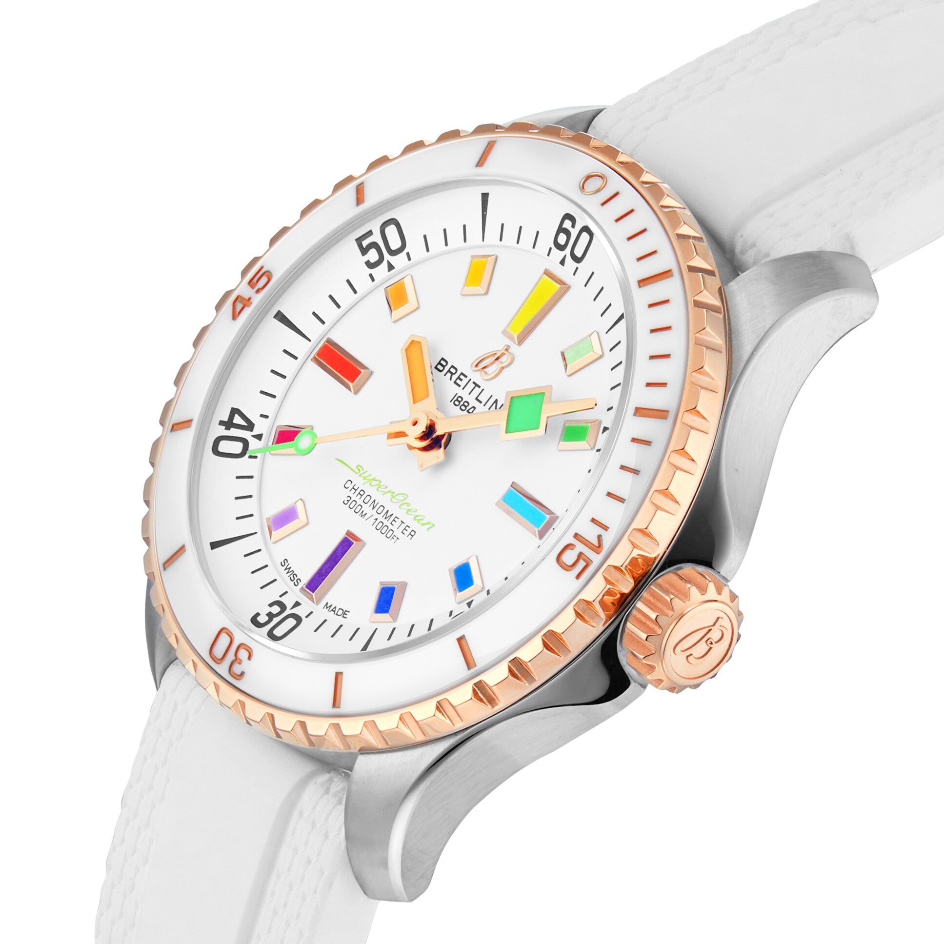 The Breitling Superocean Automatic 36 features a white face, gold bezel, white strap, multicolored hour markers, and a 36mm stainless steel case.