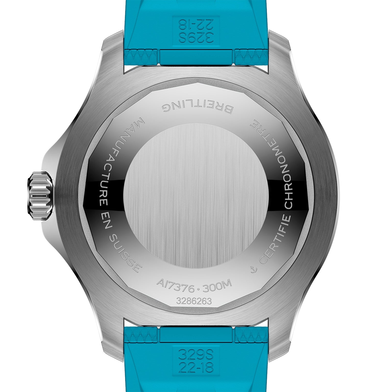 The back of the stainless steel Breitling Superocean Automatic 44 has detailed engravings, a turquoise rubber strap, and a visible crown on the left side.