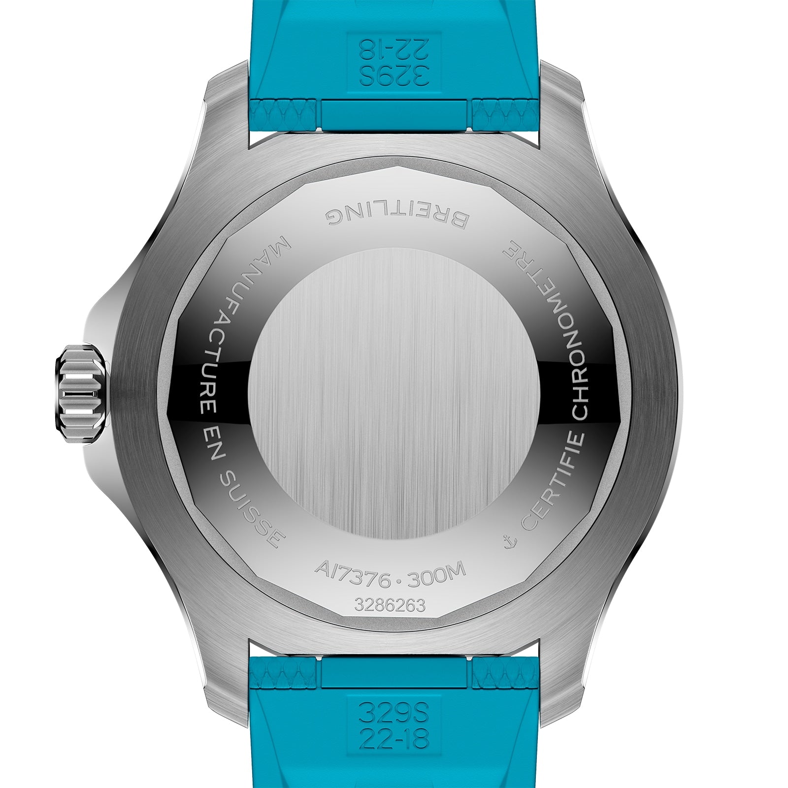 The back of the stainless steel Breitling Superocean Automatic 44 has detailed engravings, a turquoise rubber strap, and a visible crown on the left side.