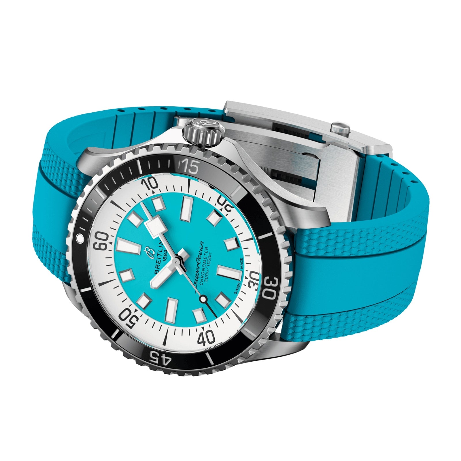 The Breitling Superocean Automatic 44 features a stainless steel case, turquoise rubber strap, turquoise dial, and bold white hour markers—water-resistant and ready for any adventure.