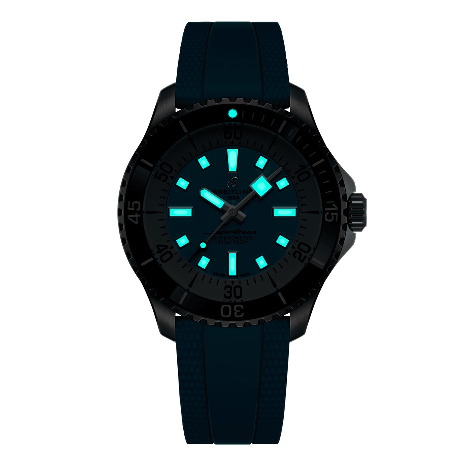 The Breitling Superocean Automatic 44 is a black wristwatch with a dark blue strap, featuring glowing blue hour markers and hands on a dark dial. This water-resistant timepiece combines style and functionality for any adventure.