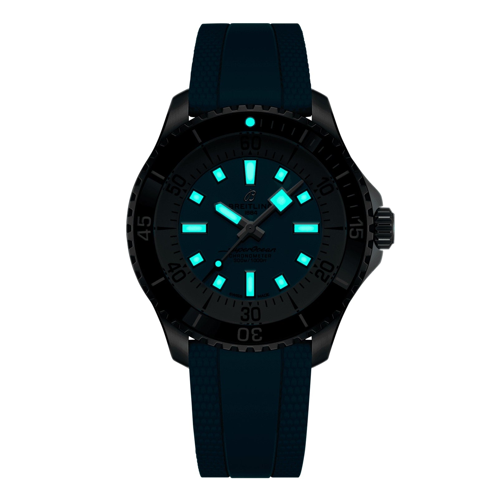 The Breitling Superocean Automatic 44 is a black wristwatch with a dark blue strap, featuring glowing blue hour markers and hands on a dark dial. This water-resistant timepiece combines style and functionality for any adventure.