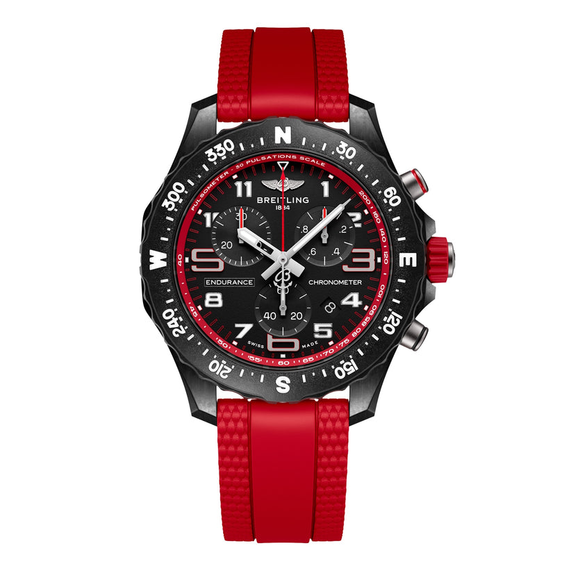The Breitling Endurance Pro 38 is a black athleisure watch with an ultra-light case, red textured rubber strap, black bezel with cardinal directions, and a black dial featuring subdials and white markers—ideal for a sporty lifestyle.