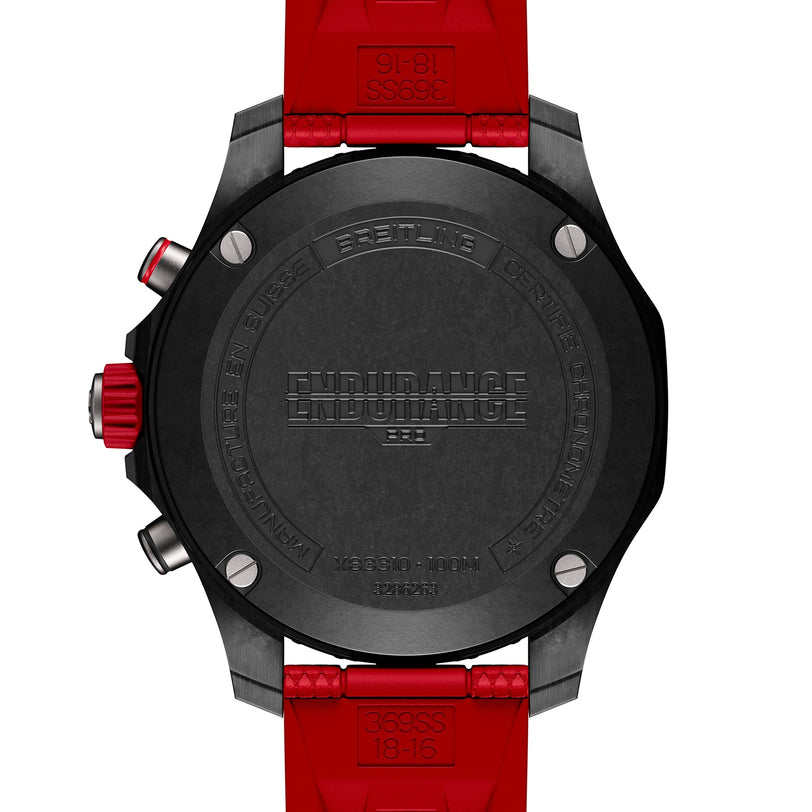 Back view of the Breitling Endurance Pro 38, a sporty athleisure watch with a red strap, engraved branding, technical details, and chronograph pushers—ideal for an active lifestyle.