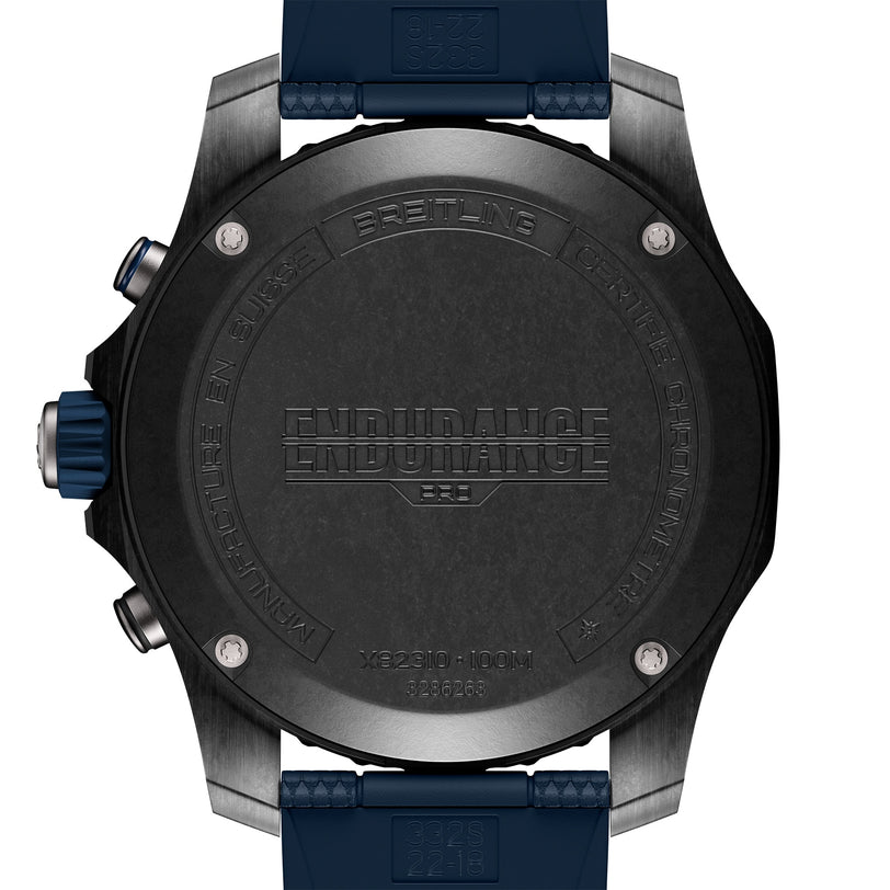 Back view of the Breitling Endurance Pro 38 athleisure watch displays engraved water resistance, model number, and ENDURANCE logo on its lightweight case, paired with a blue strap.