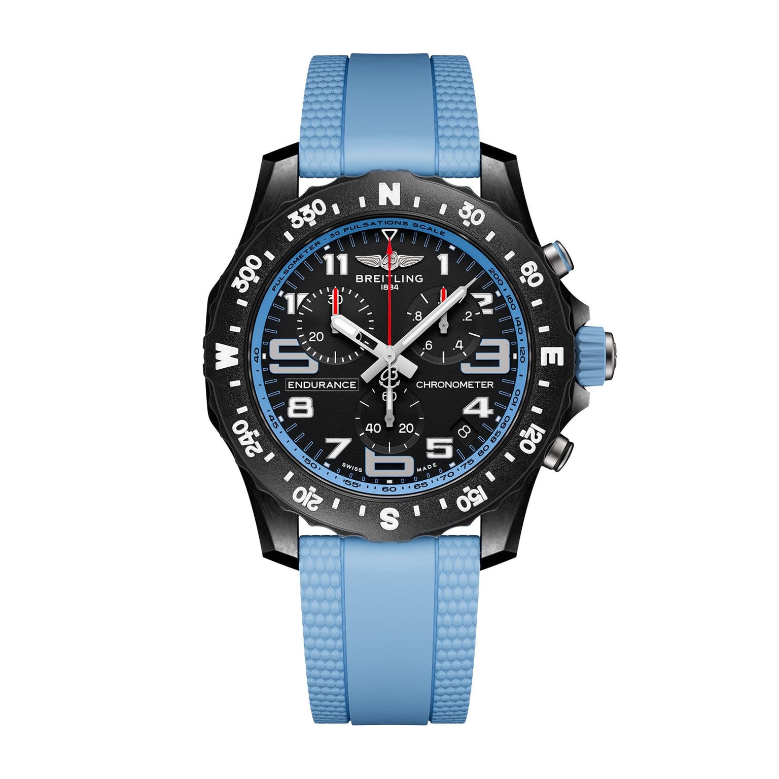 The Breitling Endurance Pro 44 is a black athleisure watch with a blue bezel, blue textured rubber strap, black dial with white numerals and subdials, all in a lightweight Breitlight case.