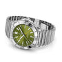 The Breitling Chronomat Automatic GMT 40 Giannis Antetokounmpo is a limited edition stainless steel watch with a green dial, date display, silver hour markers, and metal link bracelet, shown on a white background.