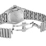 Back view of the limited edition Breitling Chronomat Automatic GMT 40 Giannis Antetokounmpo watch in silver, featuring a stainless steel case engraved GIANNIS ANTETOKOUNMPO, ONE OF 50, and an open butterfly clasp.