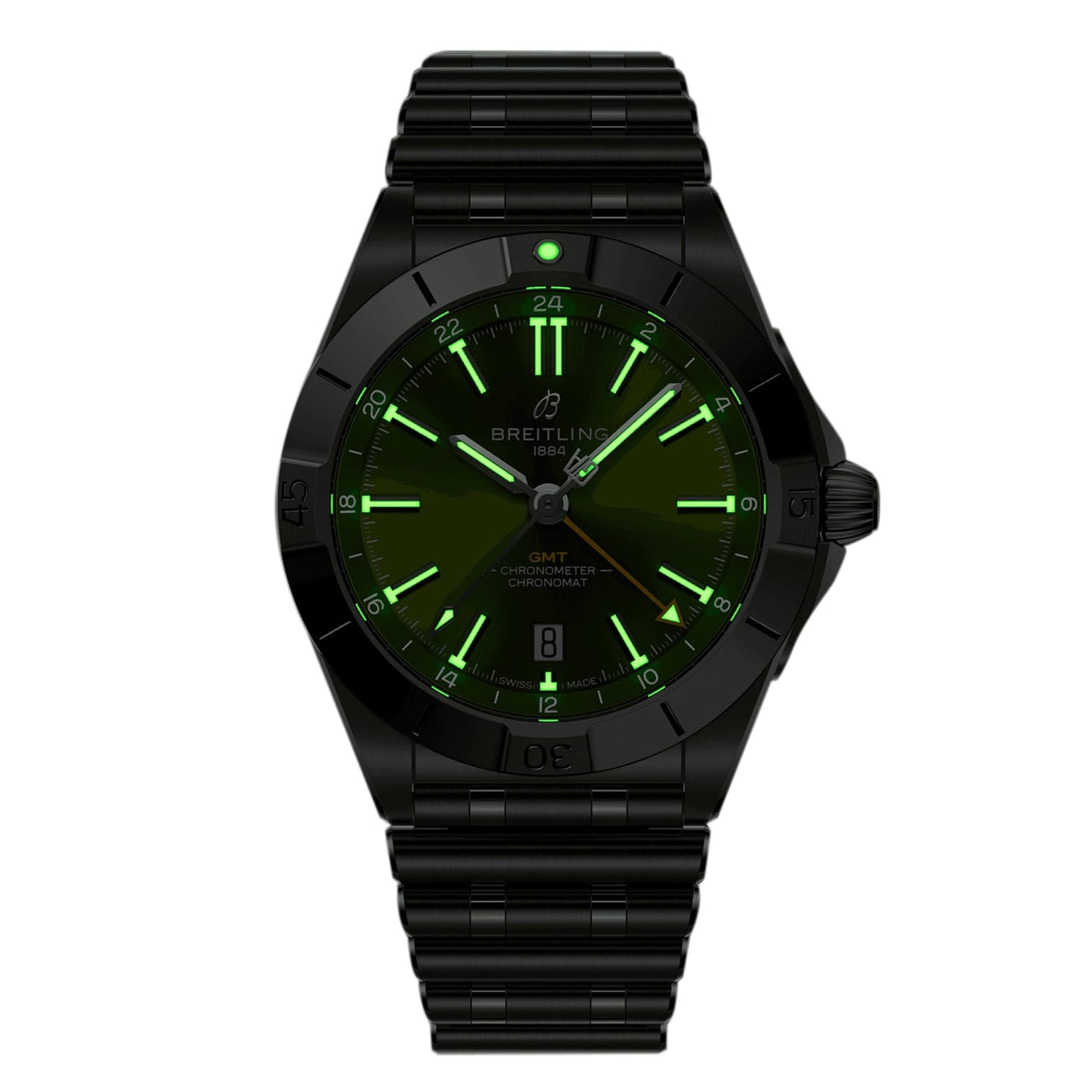 The Breitling Chronomat Automatic GMT 40 Giannis Antetokounmpo features a stainless steel case, black finish, dark green luminous dial with matching hour markers and hands, metal link bracelet, and displays the time at 10:09:35.