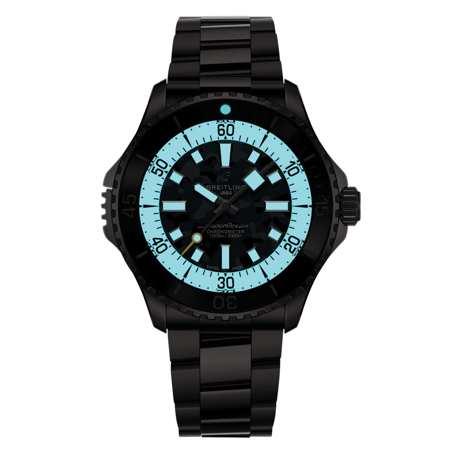 The Breitling Superocean Automatic 46 Super Diver is a black wristwatch with a blue illuminated dial, black hands, rotating bezel, metal link strap, and durable titanium case—ideal for any adventure.