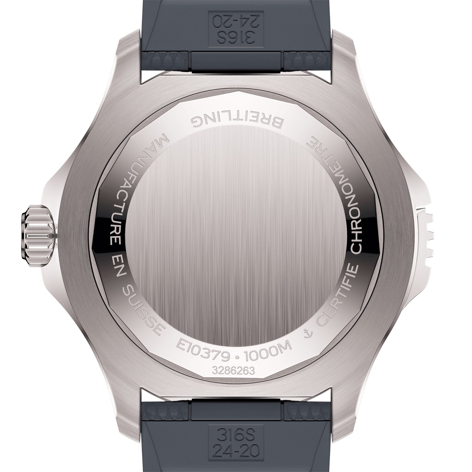 Close-up of the back of a Breitling Superocean Automatic 46 Super Diver showing engravings with model numbers, MANUFACTURE EN SUISSE, 1000M water resistance, titanium case details, and a black rubber strap.