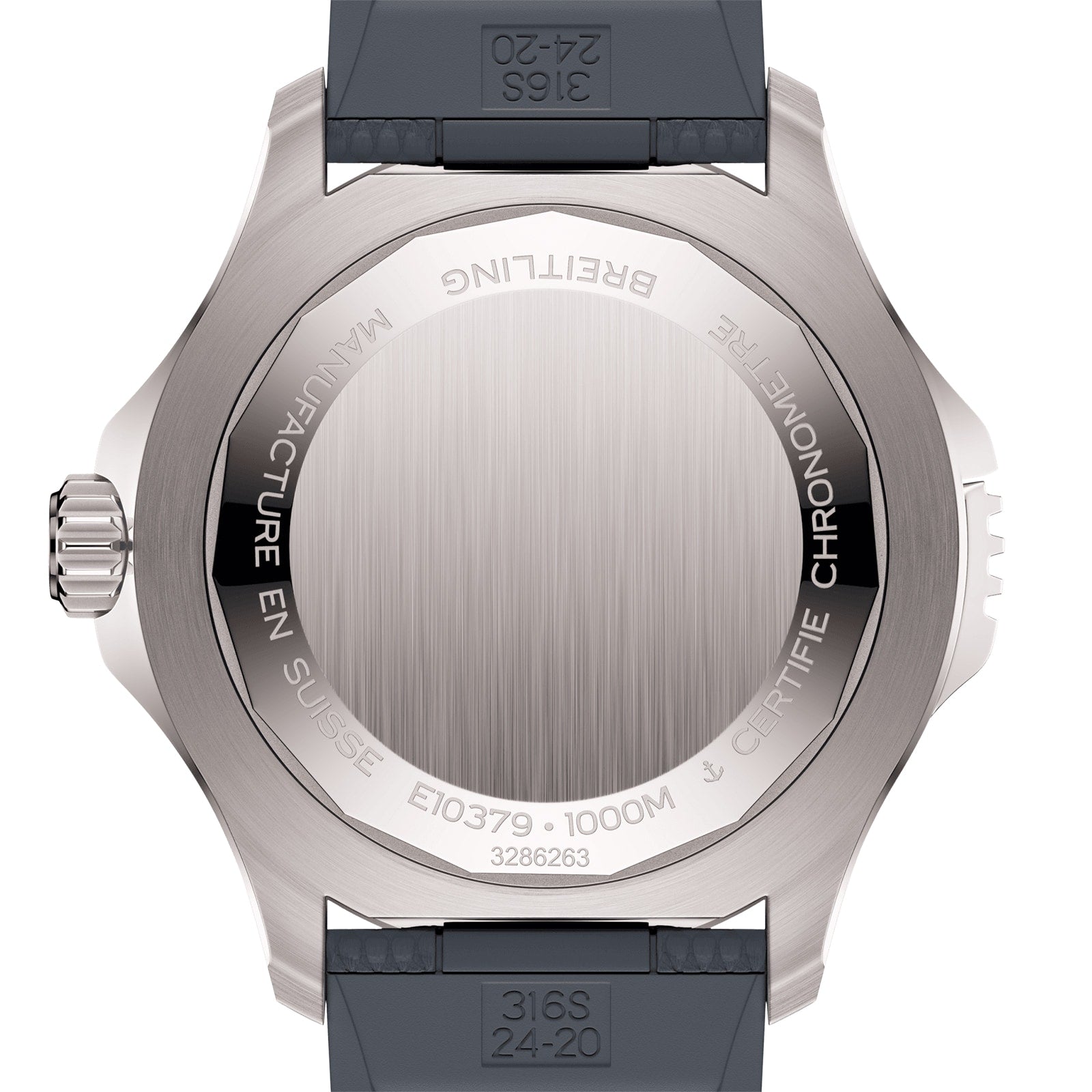 Close-up of the back of a Breitling Superocean Automatic 46 Super Diver showing engravings with model numbers, MANUFACTURE EN SUISSE, 1000M water resistance, titanium case details, and a black rubber strap.