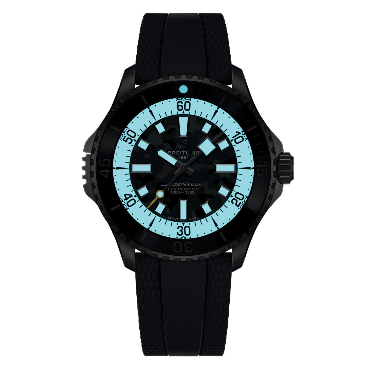 A black Breitling Superocean Automatic 46 Super Diver wristwatch featuring a luminous blue and white dial, black bezel, titanium case, black rubber strap, and displaying 10:09:38.