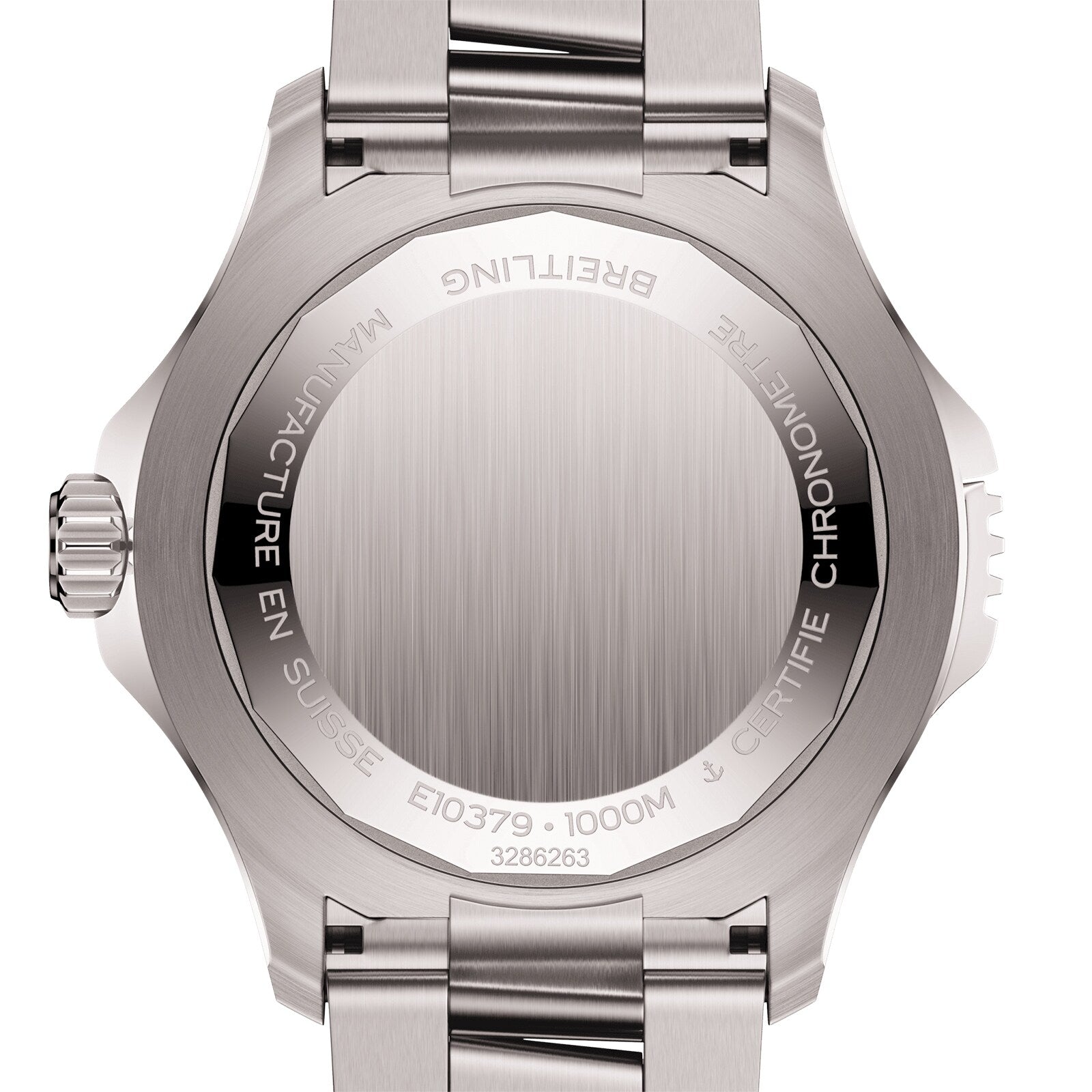 The back of the Breitling Superocean Automatic 46 Super Diver is stainless steel, engraved with Breitling branding, serial numbers, Swiss origin, specifications, 1000m water resistance, and the reliable Breitling 10 calibre.