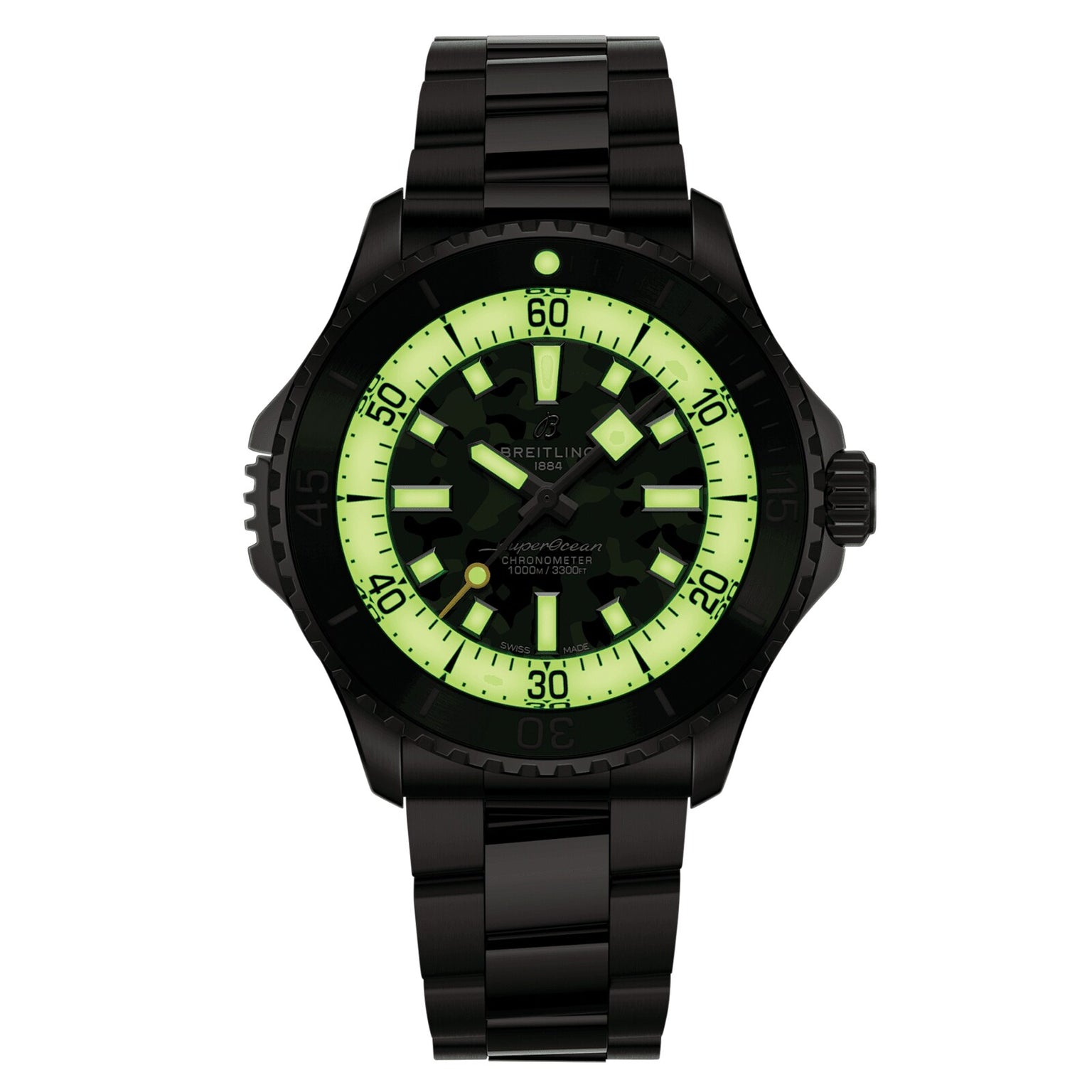 The Breitling Superocean Automatic 46 Super Diver is a black titanium wristwatch with a luminous green and black dial, prominent hour markers, minute markings, and a rotating bezel, inspired by the Superocean Heritage collection.