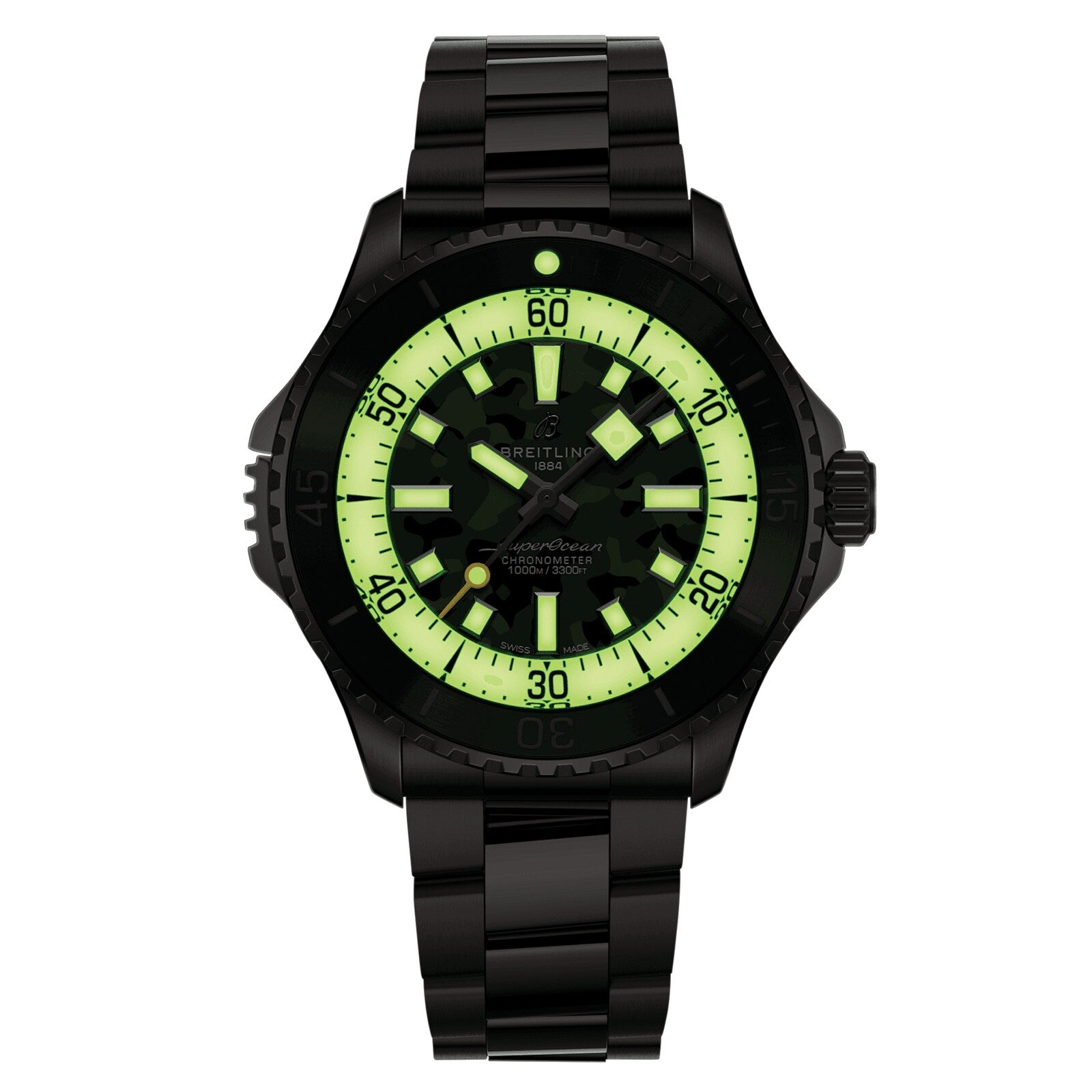 The Breitling Superocean Automatic 46 Super Diver is a black titanium wristwatch with a luminous green and black dial, prominent hour markers, minute markings, and a rotating bezel, inspired by the Superocean Heritage collection.