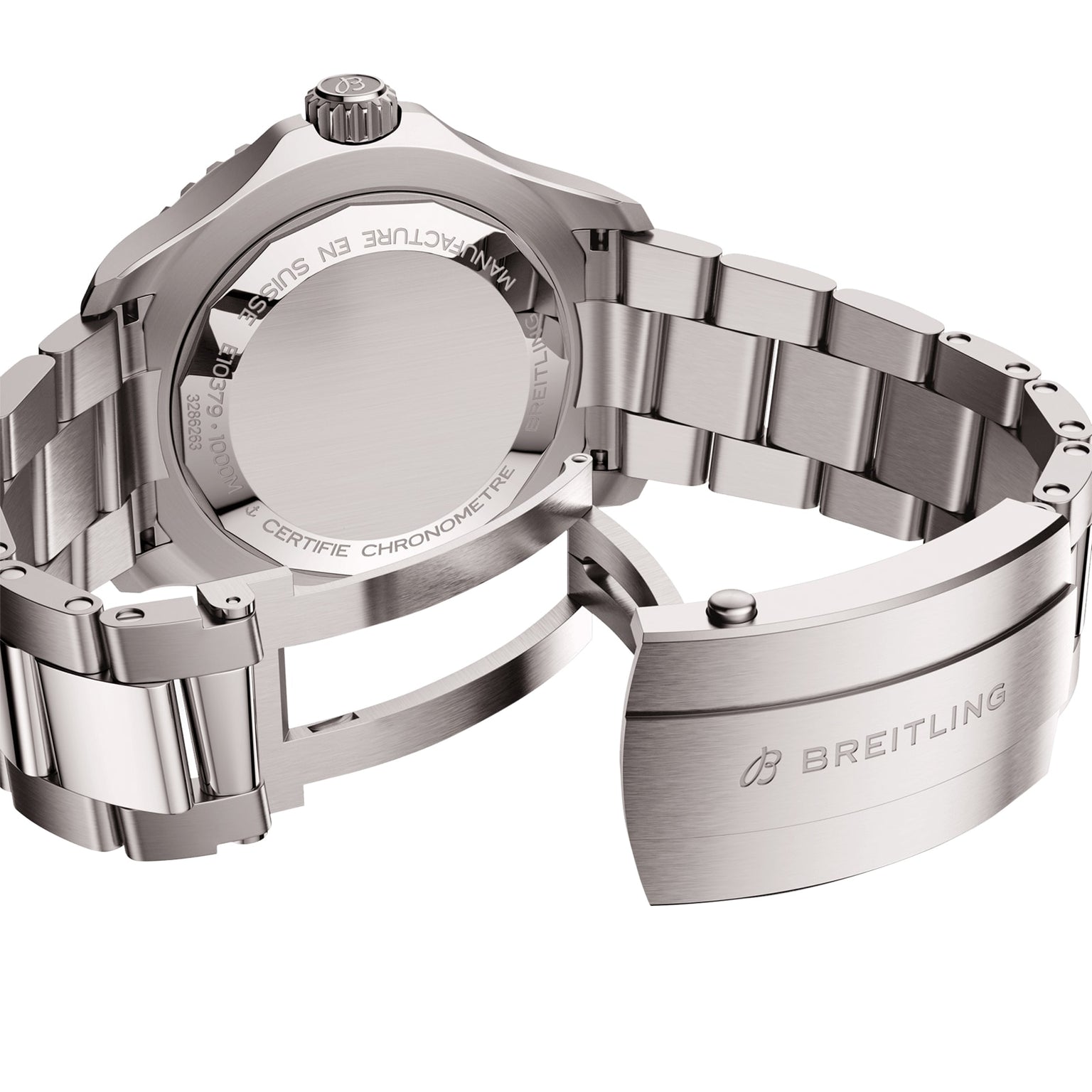A Breitling Superocean Automatic 46 Super Diver watch is shown from the back with an open clasp, revealing the engraved brand name, certification details, and featuring the renowned Breitling 10 calibre.