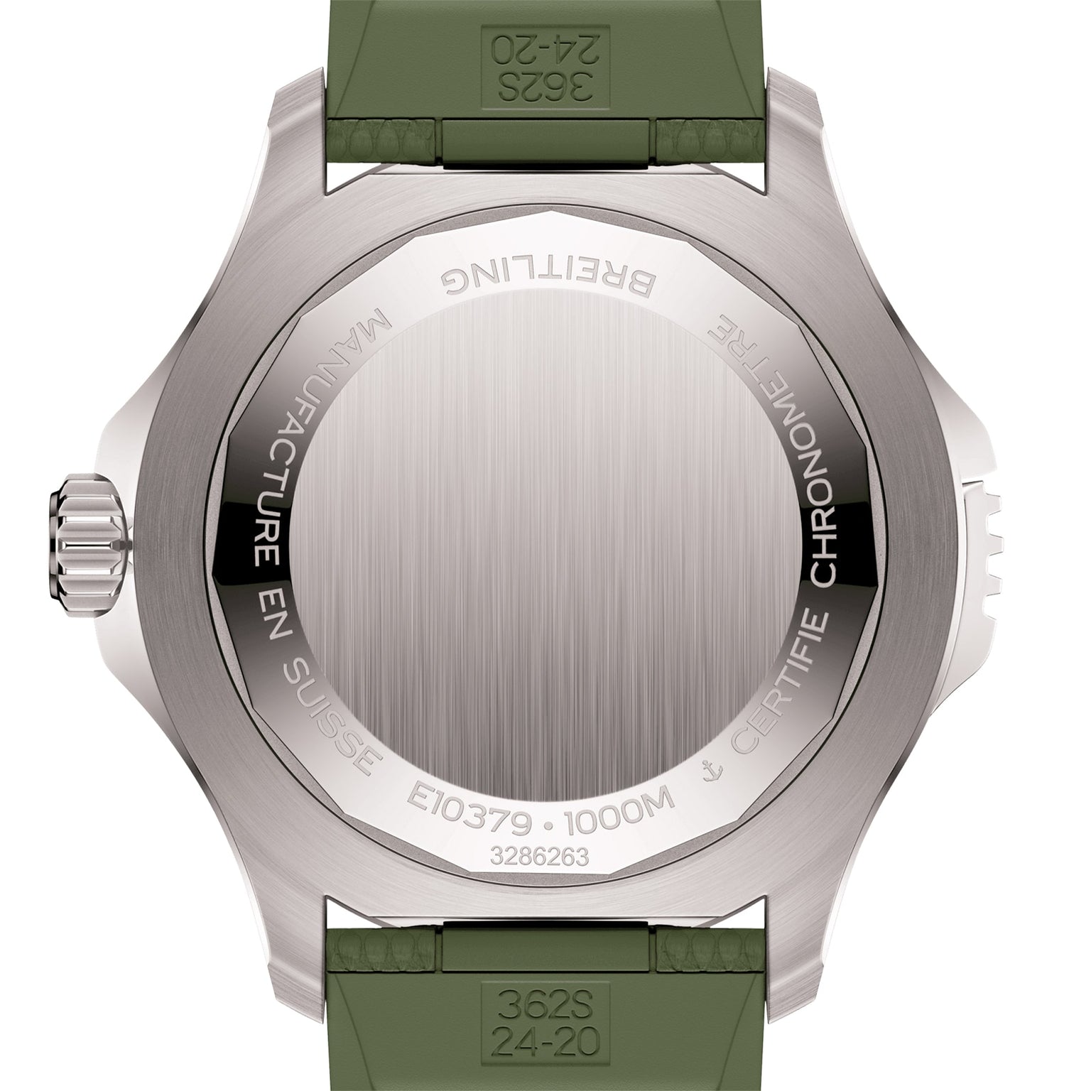 The back of a Breitling Superocean Automatic 46 Super Diver watch with a green strap features engraved model and certification details on its brushed titanium case back, which houses the renowned Breitling 10 calibre.