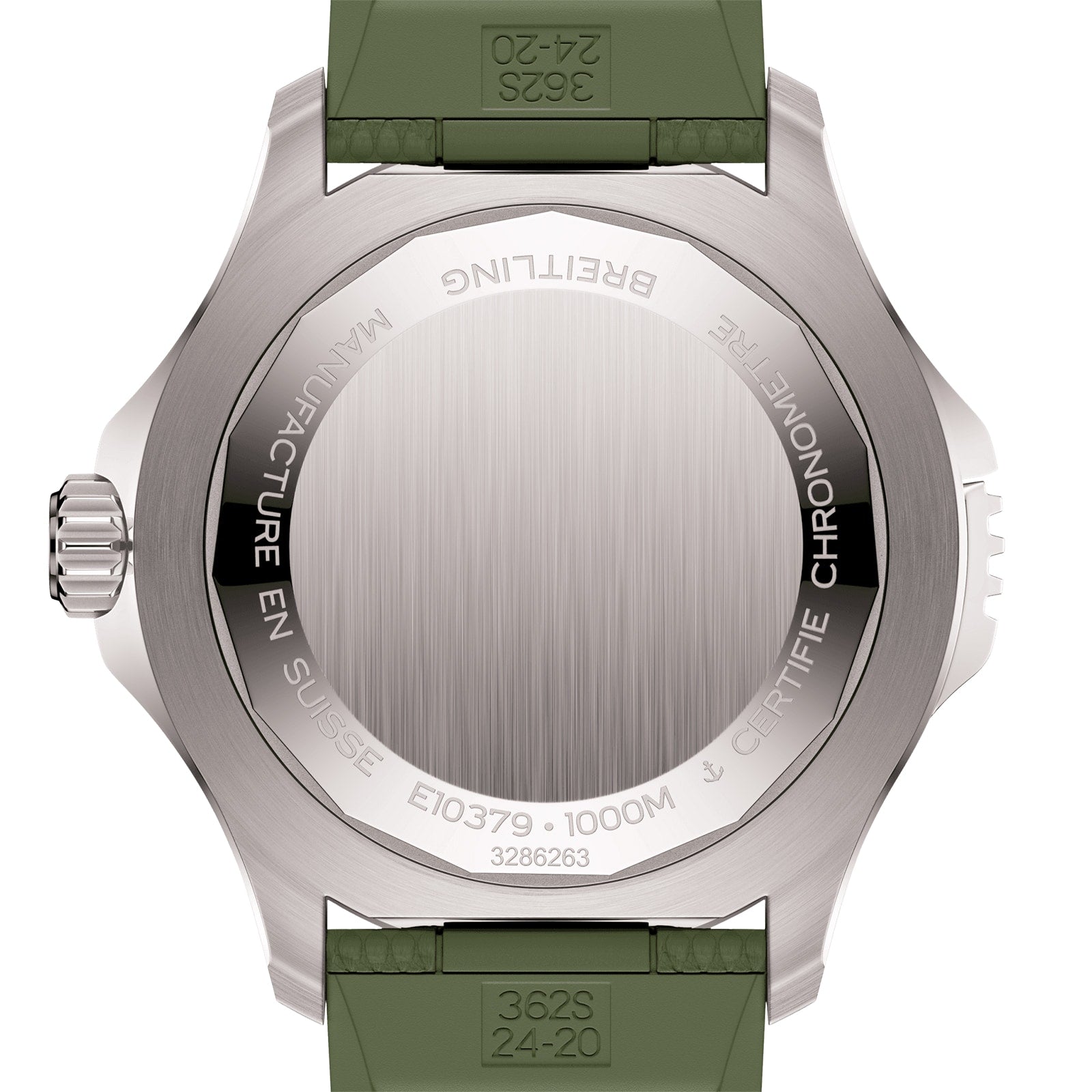 The back of a Breitling Superocean Automatic 46 Super Diver watch with a green strap features engraved model and certification details on its brushed titanium case back, which houses the renowned Breitling 10 calibre.