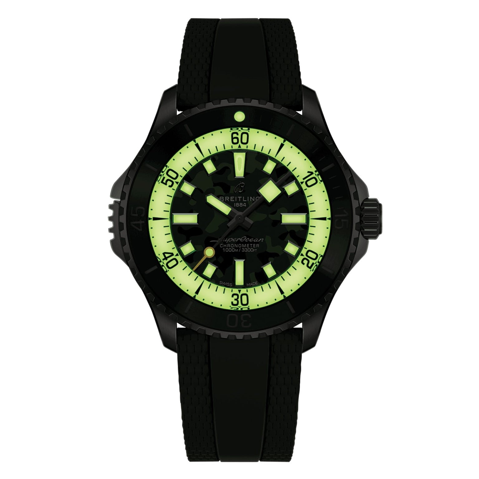 The Breitling Superocean Automatic 46 Super Diver features a titanium case, black rubber strap, and luminous green dial with markings, shown on a white background.