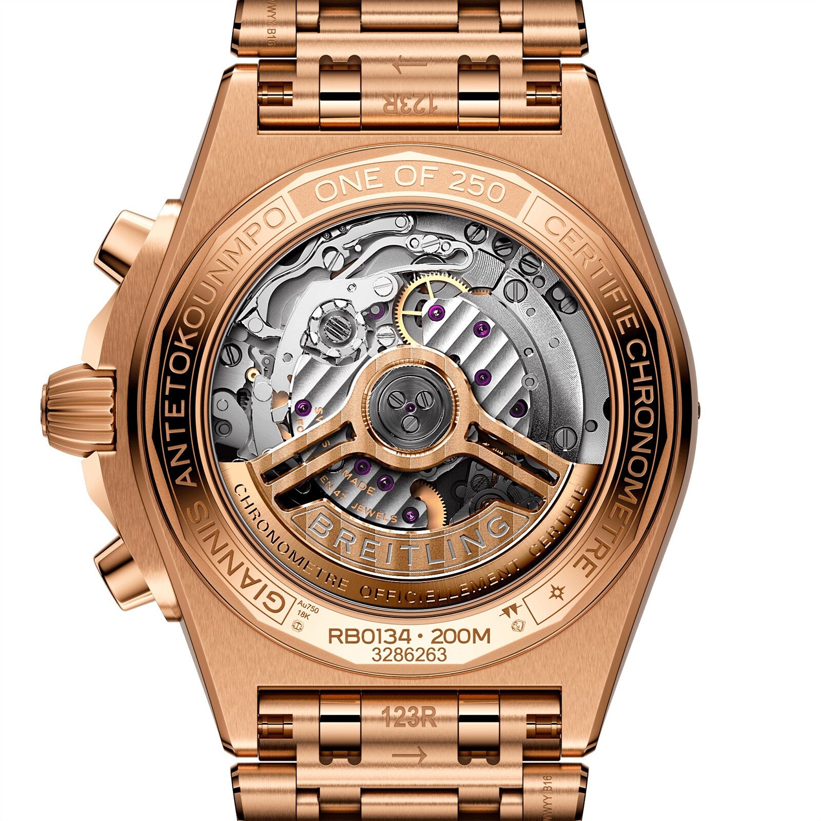 Close-up of the Breitling Chronomat B01 42 Giannis Antetokounmpos transparent case back, showcasing its intricate mechanical movement, rotor, and detailed engravings on a gold case and bracelet—part of a limited edition collection.