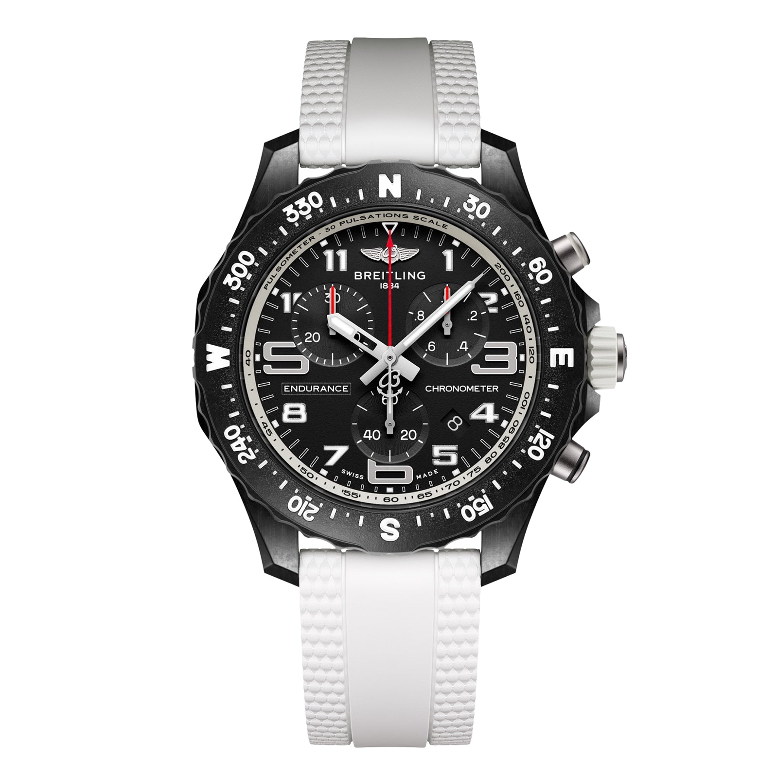 The Breitling Endurance Pro 38 athleisure watch features a black dial with white markers, sports chronograph functions, a rotating bezel, durable Breitlight case, and a white textured rubber strap.