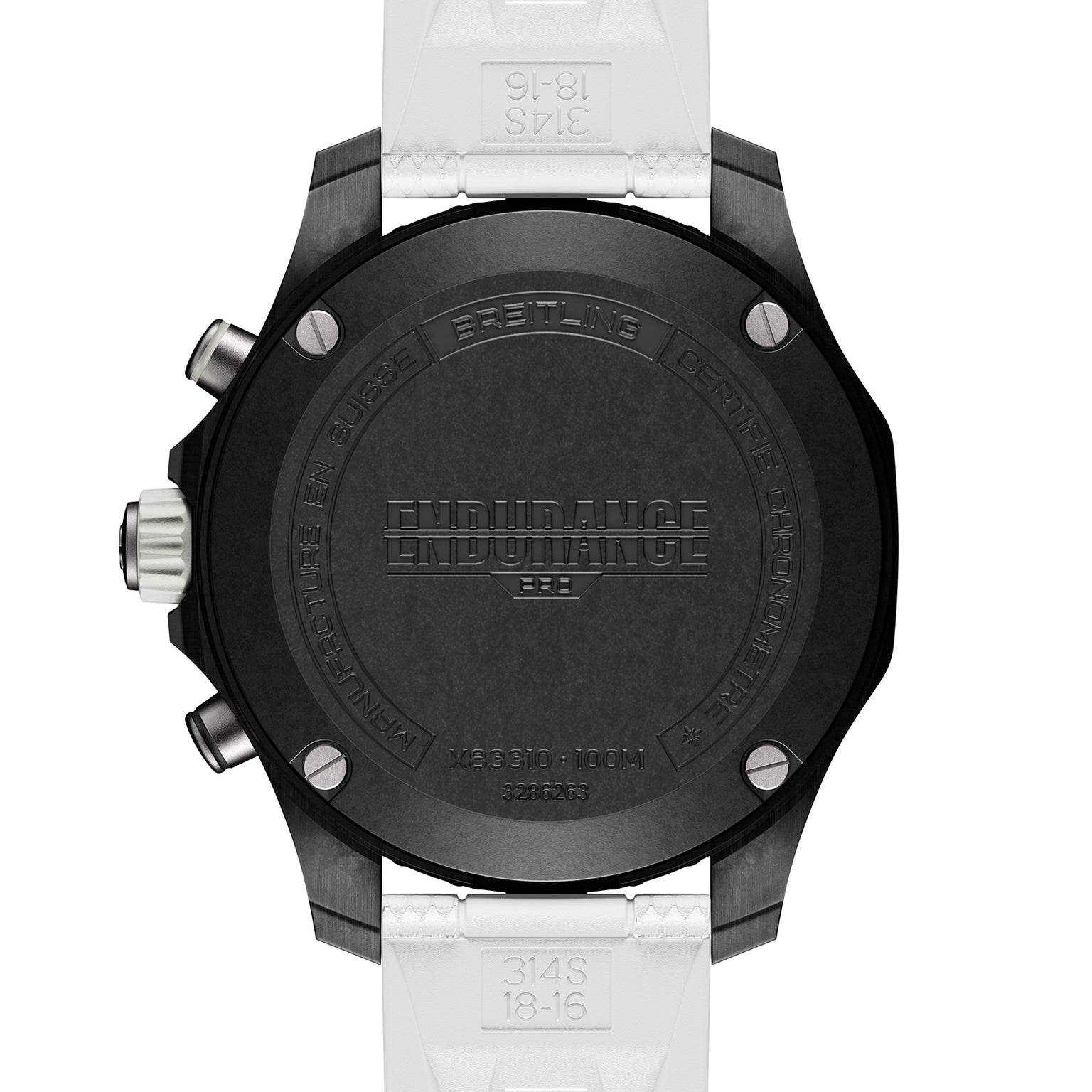 Back view of the Breitling Endurance Pro 38, showcasing a black Breitlight case, white strap, and engraved branding with specifications on the case back.