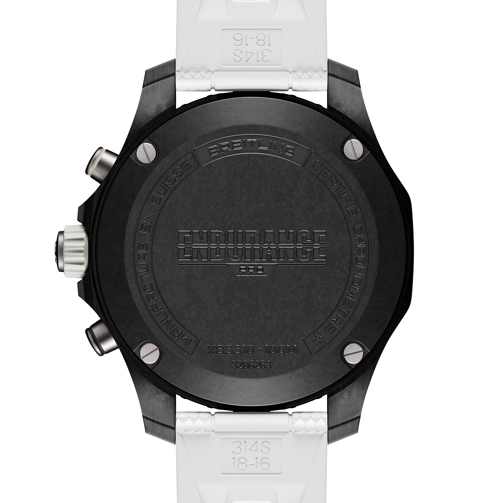 Back view of the Breitling Endurance Pro 38, showcasing a black Breitlight case, white strap, and engraved branding with specifications on the case back.