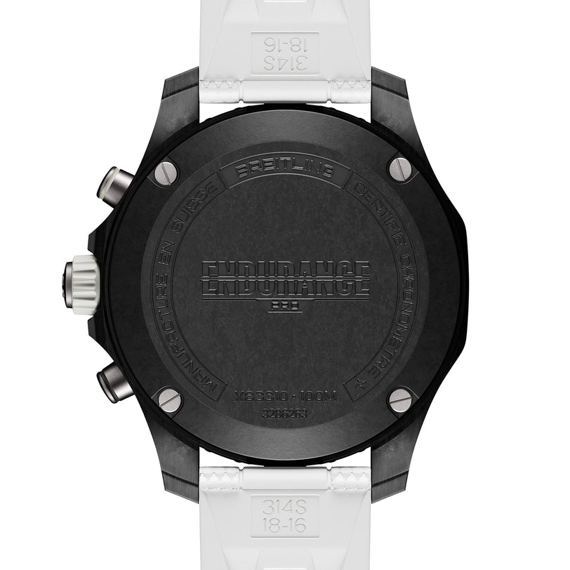 Back view of the Breitling Endurance Pro 38, showcasing a black Breitlight case, white strap, and engraved branding with specifications on the case back.