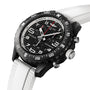 The Breitling Endurance Pro 38 is a black and silver sports chronograph with a white textured strap, three subdials, bold white numerals, and a durable Breitlight case—ideal as an athleisure watch for any occasion.
