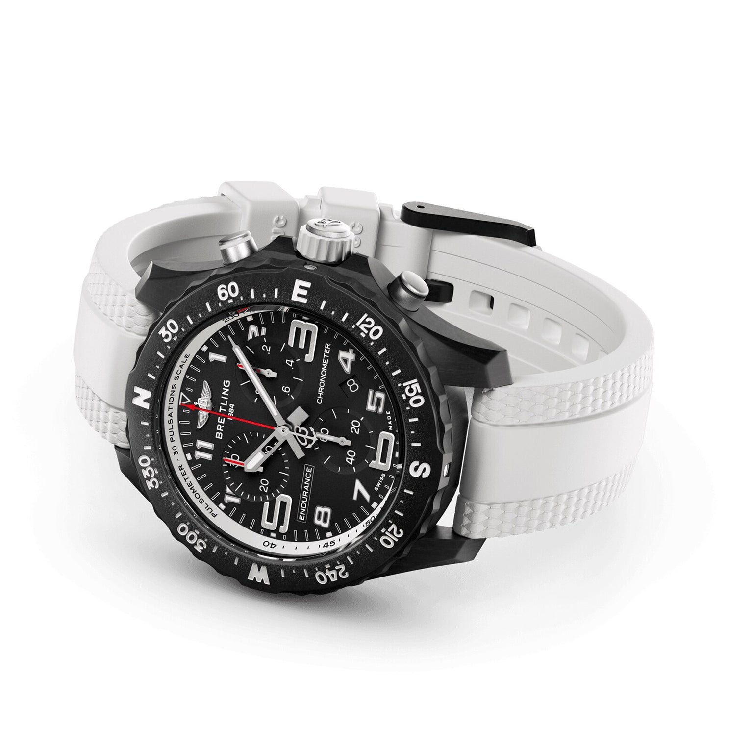 The Breitling Endurance Pro 38 is a sporty wristwatch featuring a black dial and a white strap.
