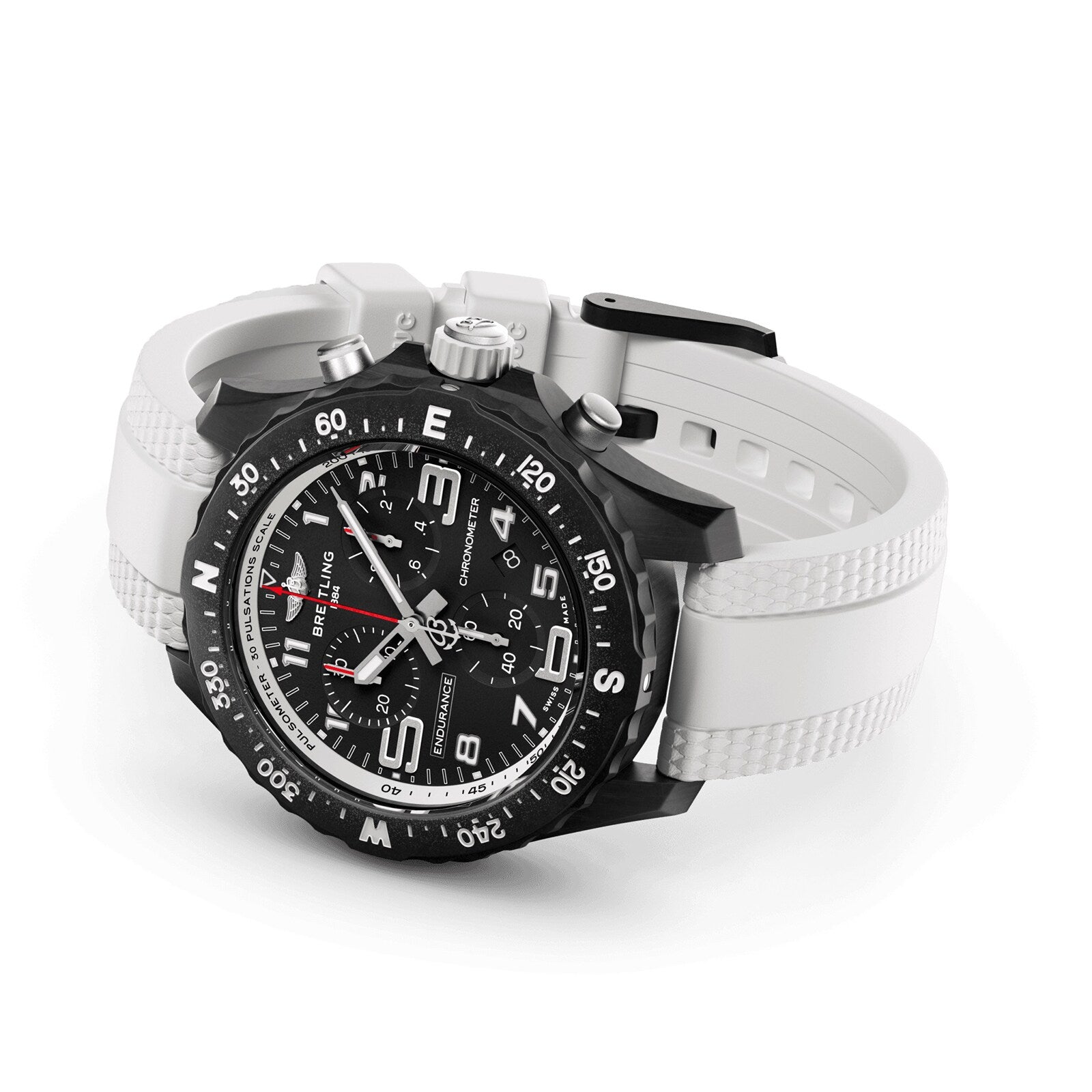 The Breitling Endurance Pro 38 is a sporty wristwatch featuring a black dial and a white strap.