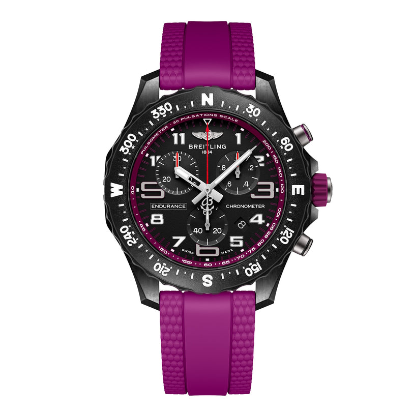 Breitling Endurance Pro 38 sports chronograph with a black dial, white numerals, bright purple rubber strap, and durable Breitlight case paired with a black bezel featuring bold white markings.