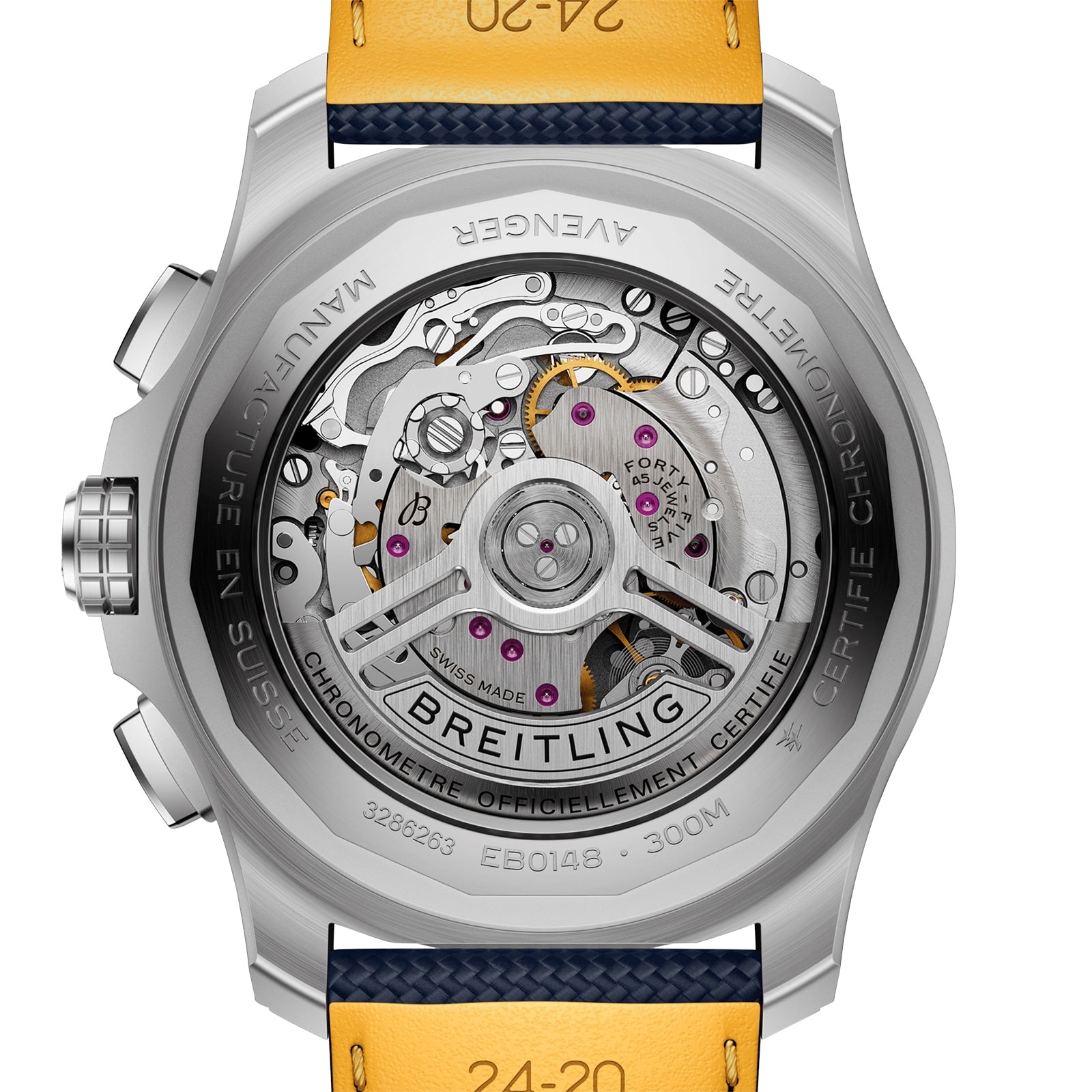 Close-up of the Breitling Super Avenger B01 Chronograph 46 back, highlighting its exposed automatic movement, engraved case details, and a yellow and blue aviation-inspired leather strap.