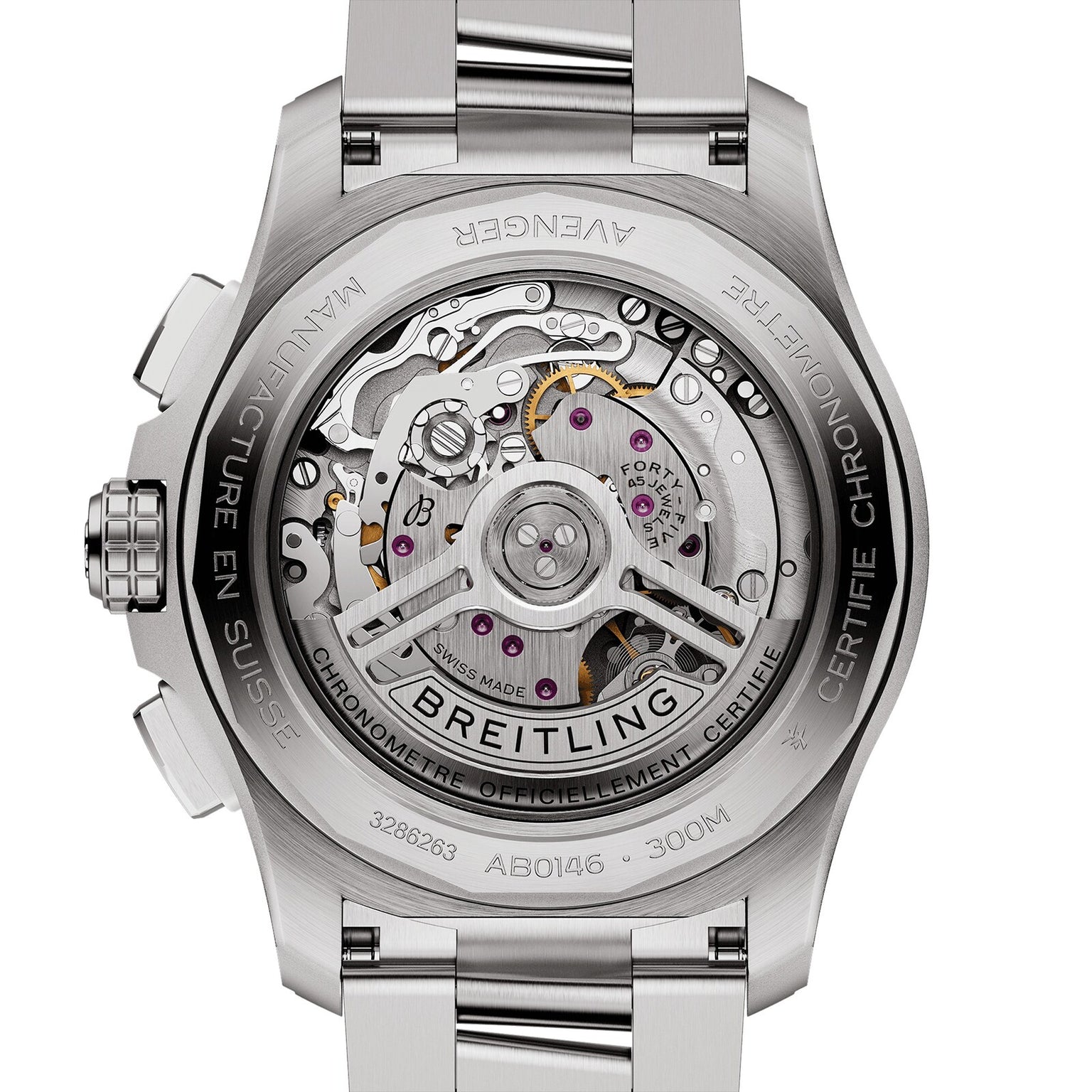 Close-up of the Breitling Avenger B01 Chronograph 42, showcasing its exposed mechanical movement and engraved markings on a stainless steel case and bracelet with aviation style and corrosion-resistant build.