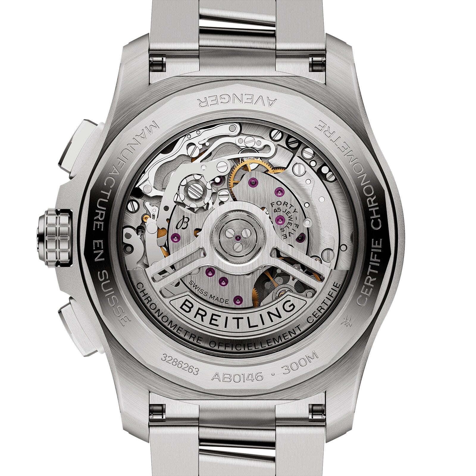 Close-up of the Breitling Avenger B01 Chronograph 42, showcasing its exposed mechanical movement and engraved markings on a stainless steel case and bracelet with aviation style and corrosion-resistant build.